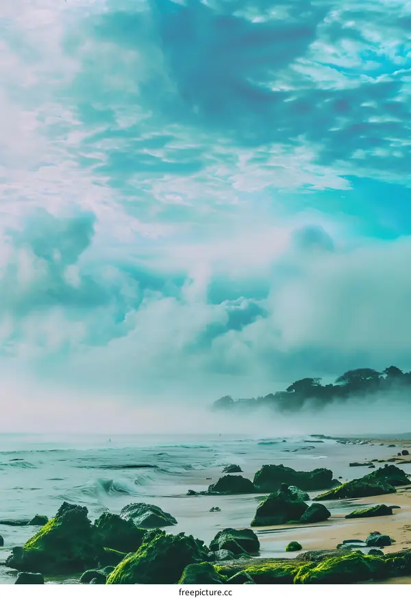 Misty Beach with Green Rocks and Blue Sky