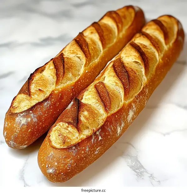 Two Freshly Baked Baguettes on Marble