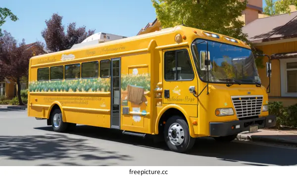 A yellow school bus with a mural of a farm scene on the side
