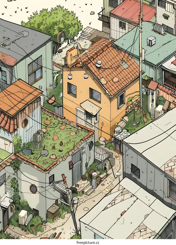 An Isometric Illustration of a Row of Houses in a City