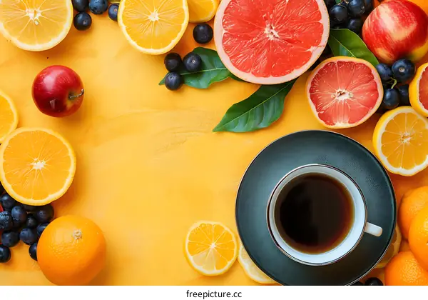 Fresh Fruits and Tea on a Yellow Background