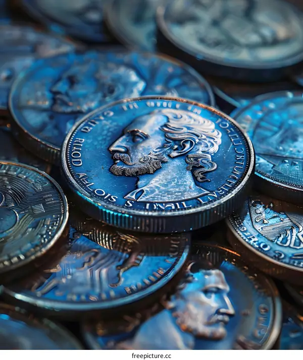 Closeup of antique silver coins