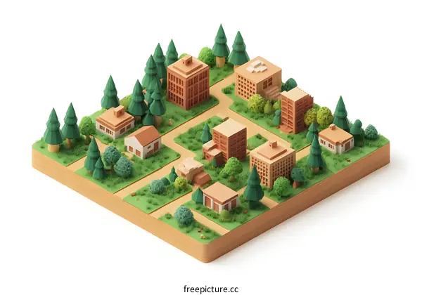Low Poly City Model with Buildings and Trees