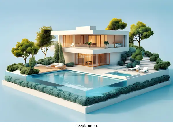Modern House with Infinity Pool and Lush Greenery