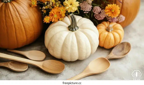 Autumn Harvest Thanksgiving Pumpkin Display with Spoons