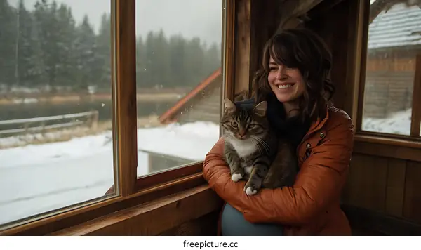 Woman with Cat by the Window in Snowy Landscape