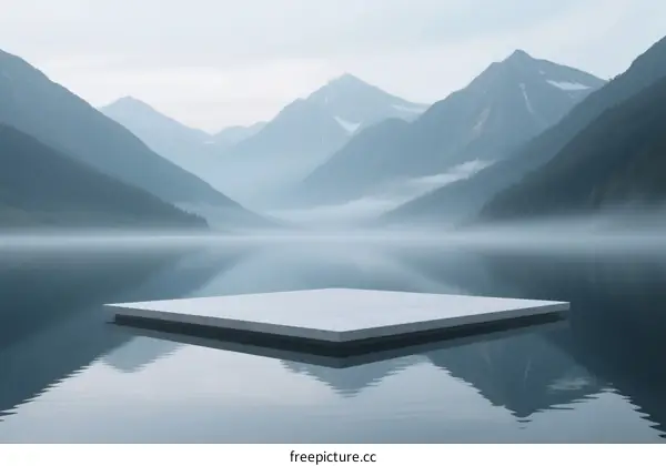 A Floating Platform in Calm Mountain Lake with Misty Peaks