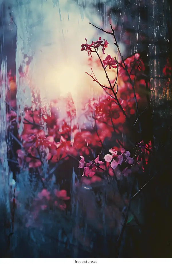 Pink Flowers Through A Window With A Blue Haze