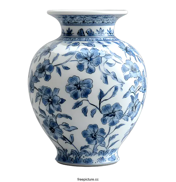 [Transparent Background PNG]Blue and White Porcelain Vase with Floral Pattern