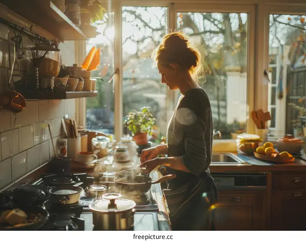 A Young Woman Cooking in a Bright Kitchen