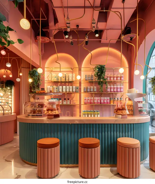 Pink and Green Cafe Interior Design with Unique Lighting