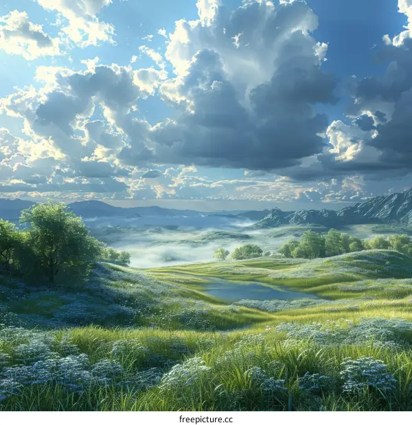 Fantasy Grassland Scenery with Hills and Clouds