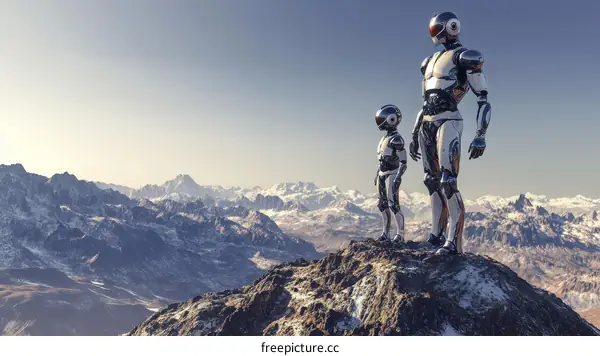 Futuristic Robots Standing on Mountain Top