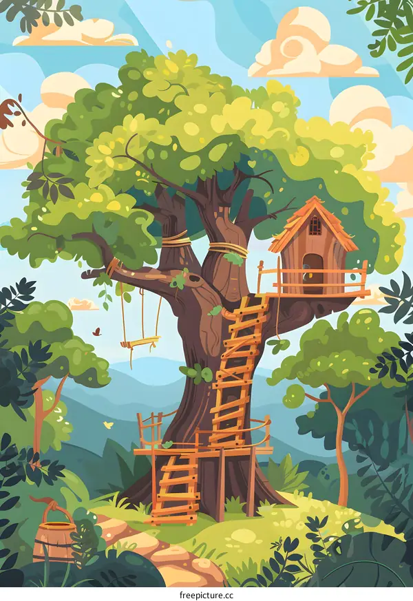 Cartoon Illustration of a Treehouse in the Woods