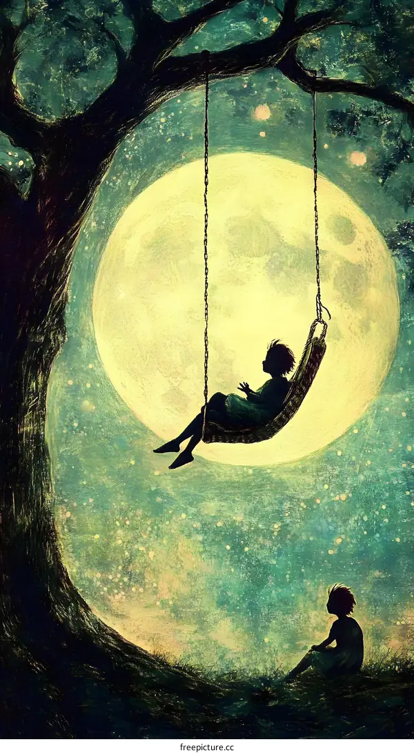 Nighttime Illustration of Two Children Under the Full Moon