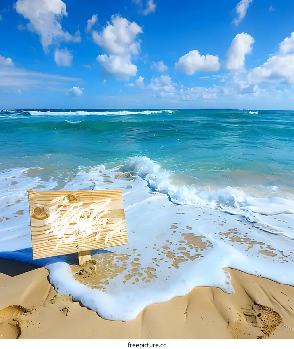Wooden Sign on Sandy Beach with Ocean Waves