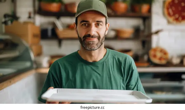 Portrait of a male pizza chef holding an empty pizza tray