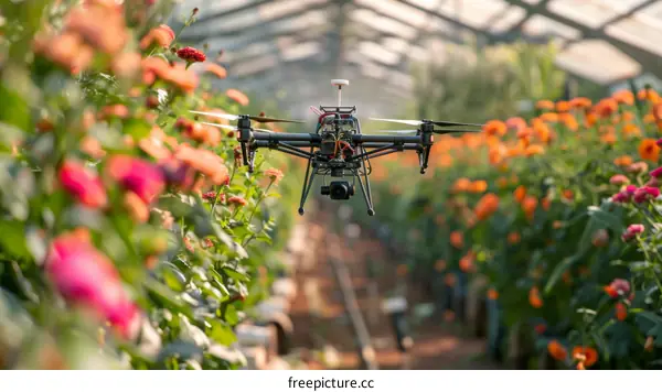 Drone flying over a field of flowers