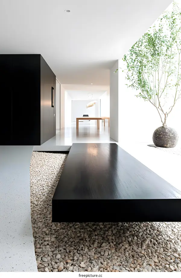 Modern Minimalist Interior Design With Black Bench And Pebble Floor