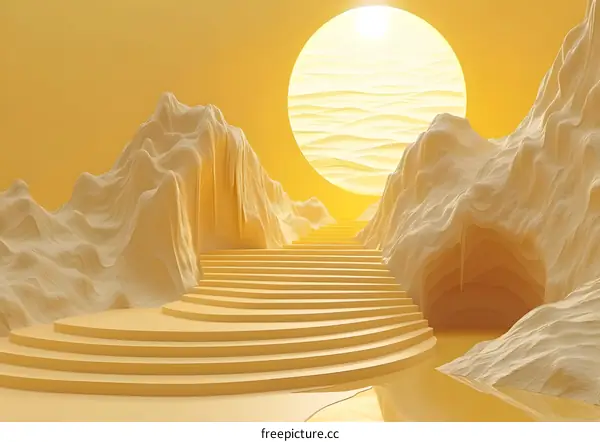 Surreal yellow landscape with stairs and a large sun