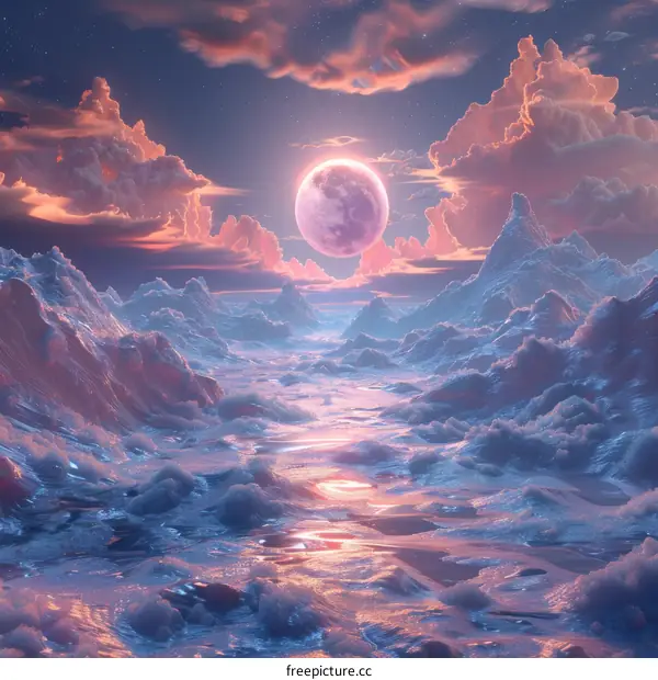 Fantasy landscape under an icy moon