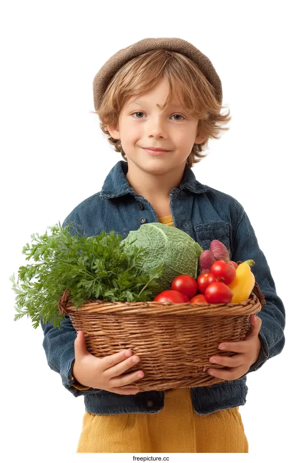 [Transparent Background PNG]Young Child Holding Fresh Vegetables and Fruits in Wicker Basket