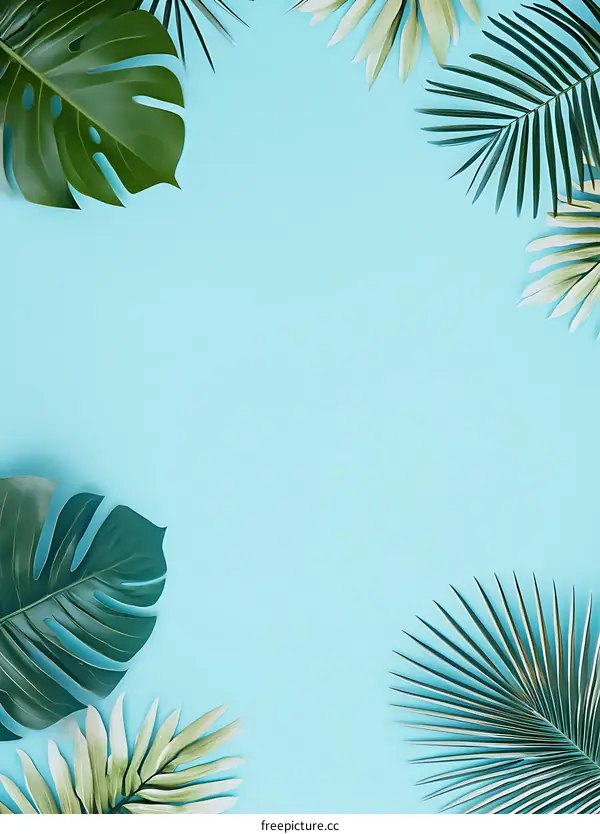 Tropical Leaves Flat Lay on Blue Background