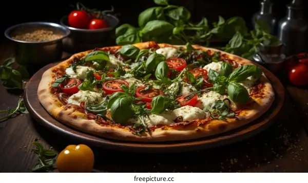 A delicious pizza with tomatoes, basil, and mozzarella cheese