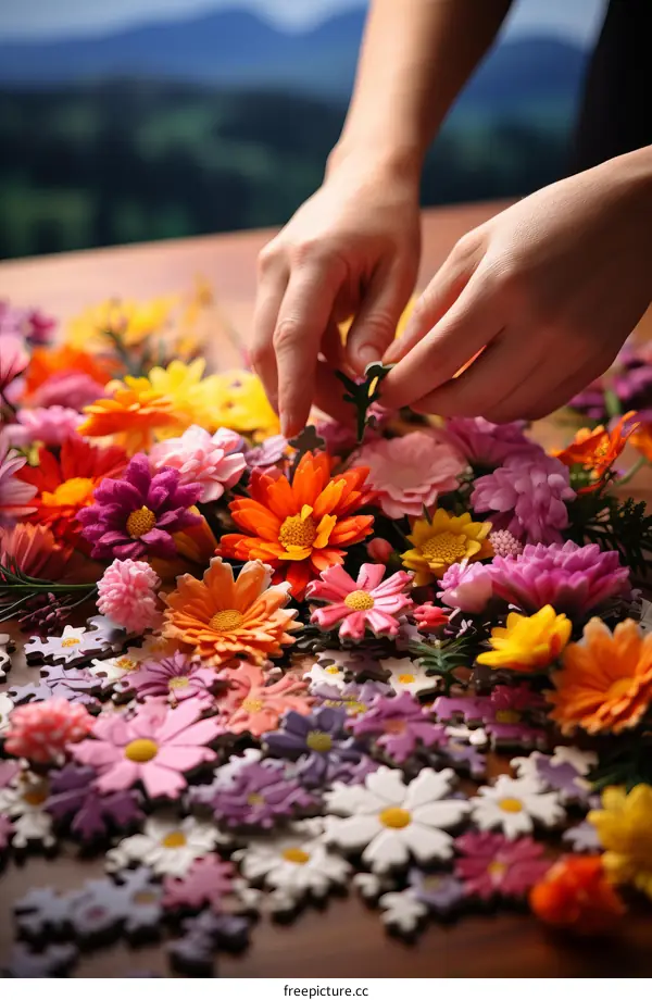 A person assembling a jigsaw puzzle of flowers