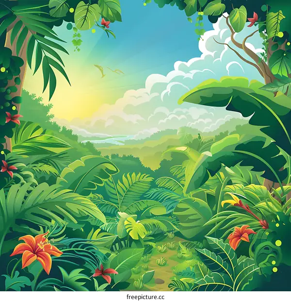 Jungle Landscape Illustration with Lush Green Foliage