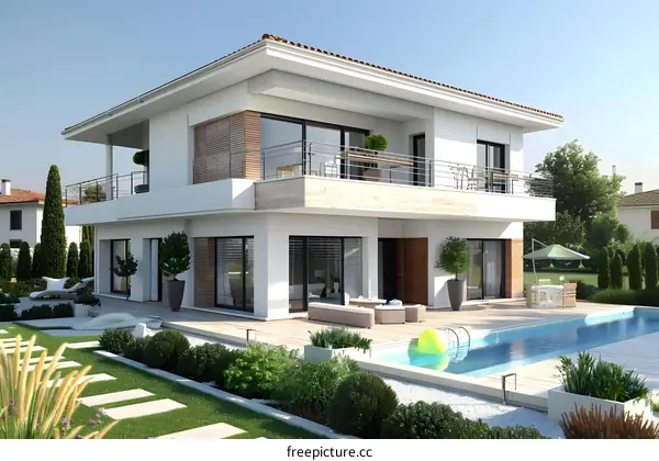 A modern two-story house with a pool