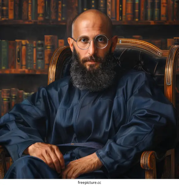 A bald man with a beard is sitting in a chair in a library.