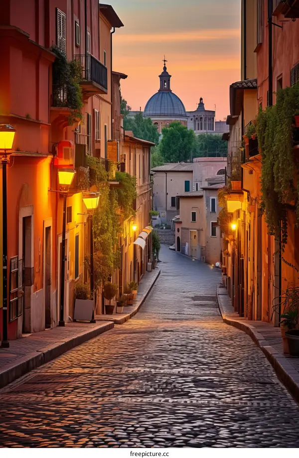 Charming cobblestone street in the historic quarter of Rome, Italy