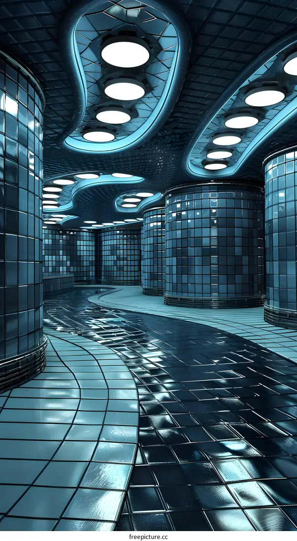 Abstract Futuristic Tunnel With Blue Tile Walls And Ceiling