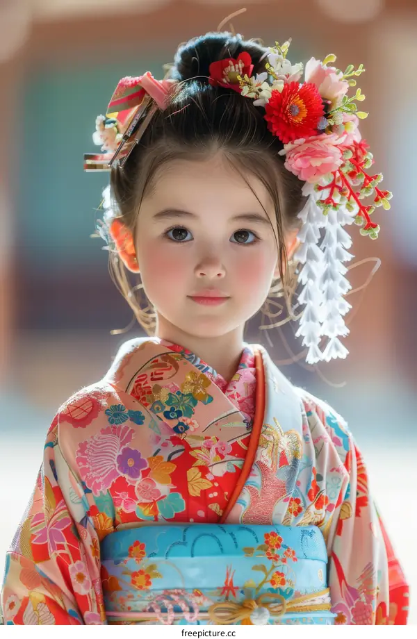 Cute Little Girl Dressed in a Traditional Japanese Kimono