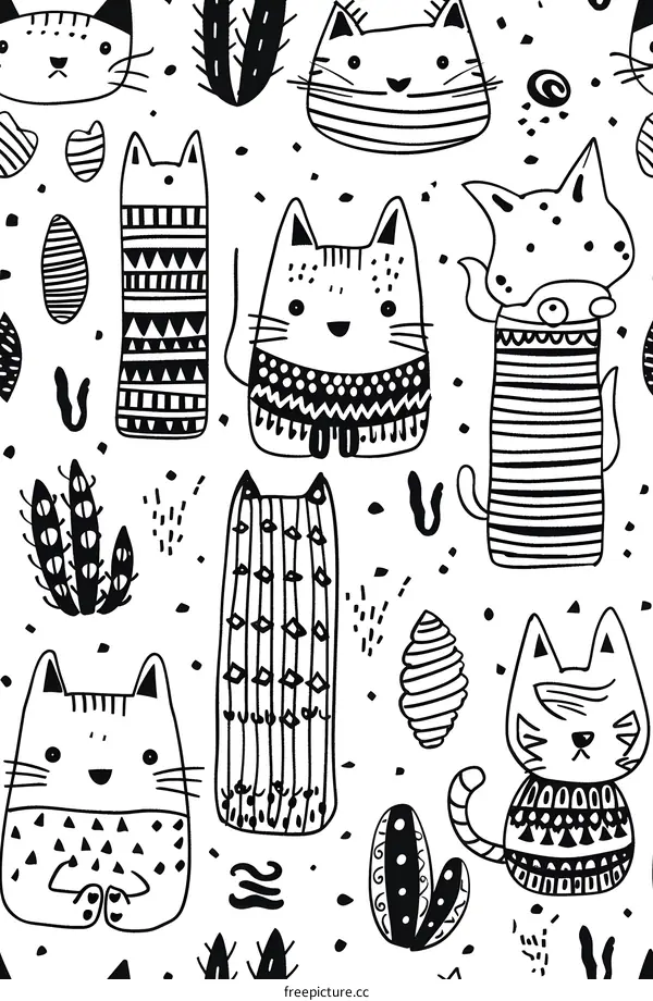 Cute Black and White Cat Pattern Illustration