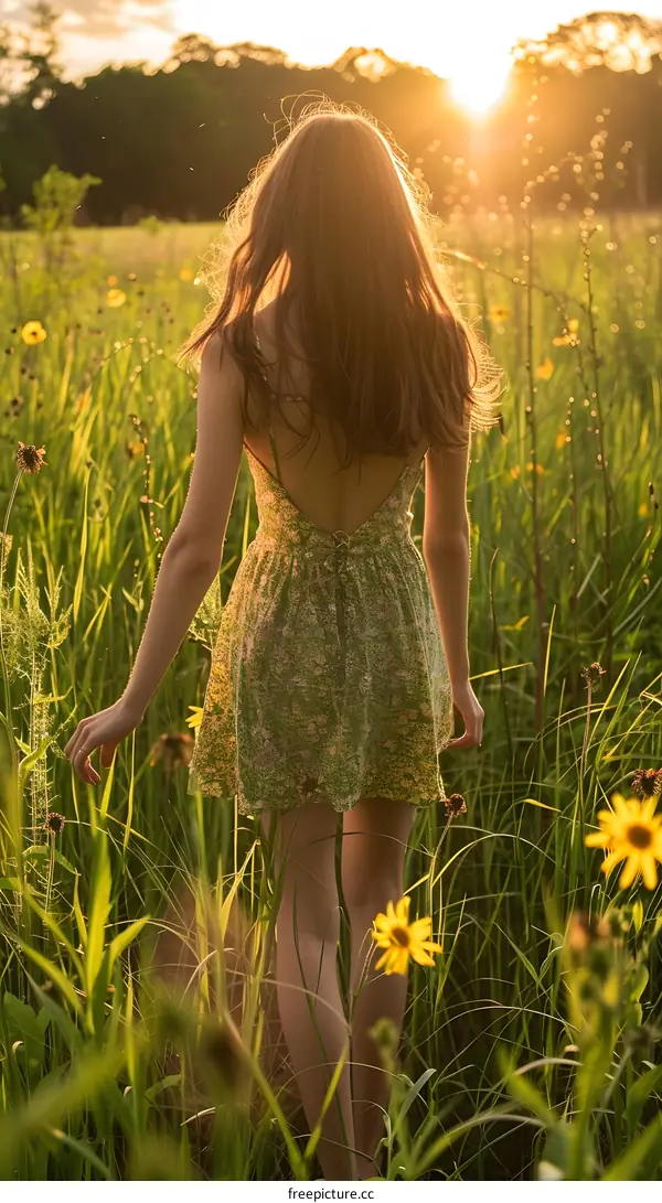 Woman in a Green Dress Walking Through a Field of Flowers at Sunset