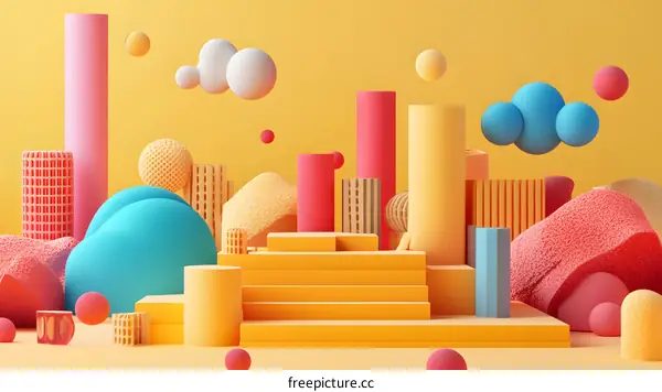 Abstract 3D Illustration with Yellow Background and Colorful Shapes