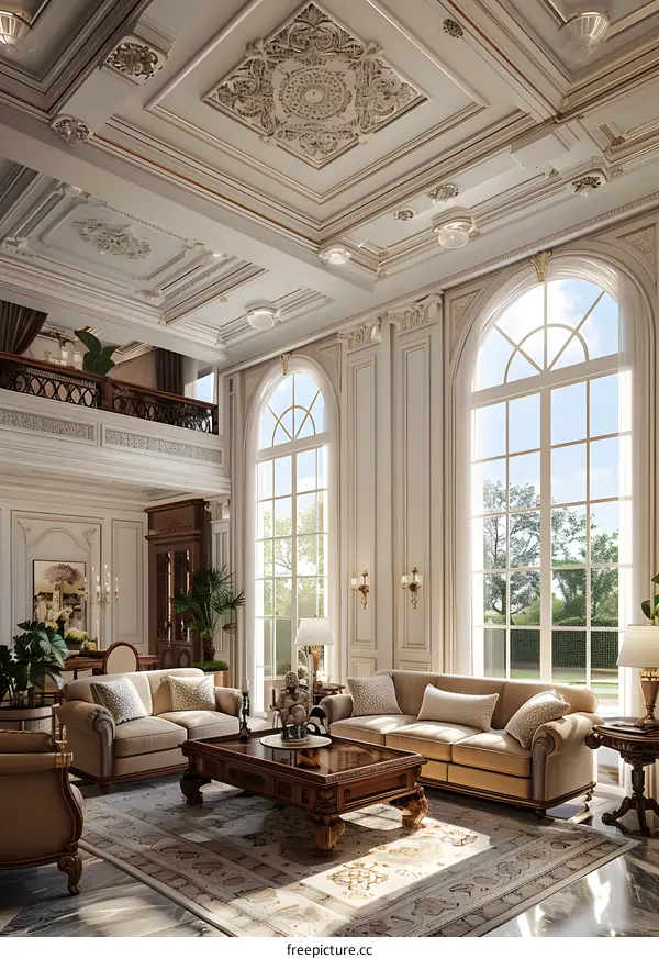 A luxurious living room with a high ceiling and large windows.