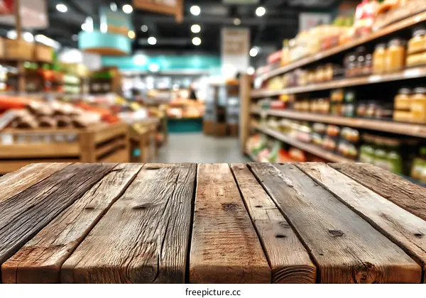 Wooden Table Top in Grocery Store Blurred Background