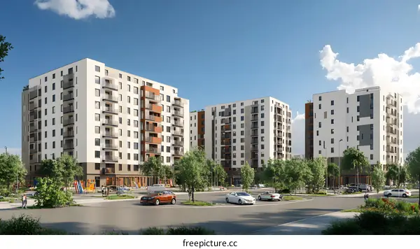 Modern Apartment Buildings with Green Trees and Blue Sky