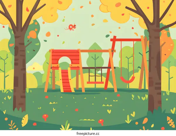 Colorful Playground With A Slide And Swings In The Autumn Park