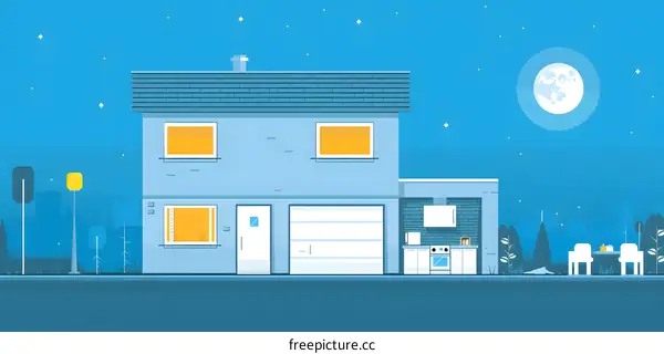 Night Scene of a Two Story House with Garage