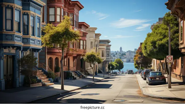 A steep street with colorful Victorian style houses in San Francisco