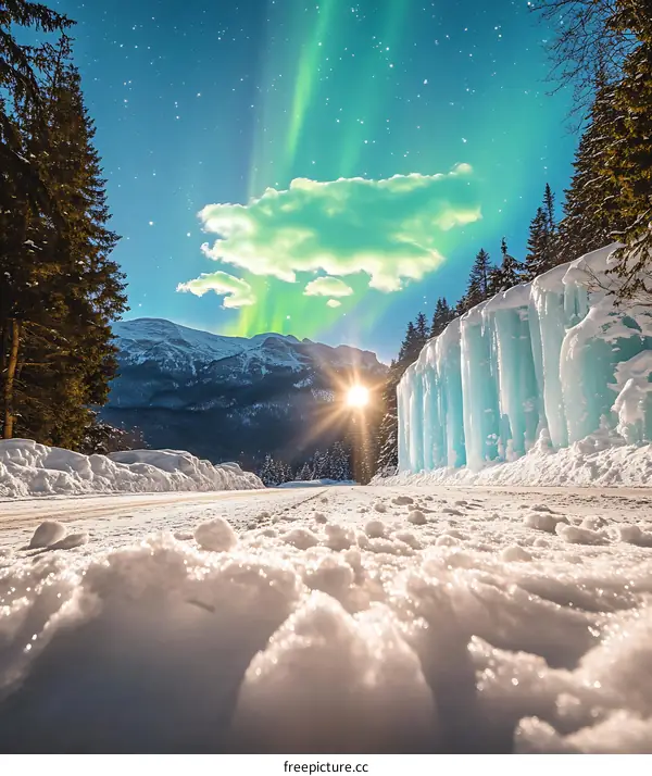 Snow Covered Road with Icicle Wall and Aurora Borealis