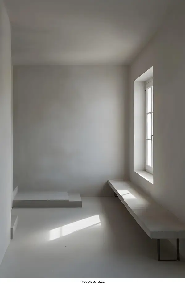 Minimalist White Room with Concrete Bench and Window