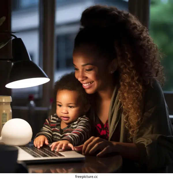 A mother and her child are using a laptop computer together.