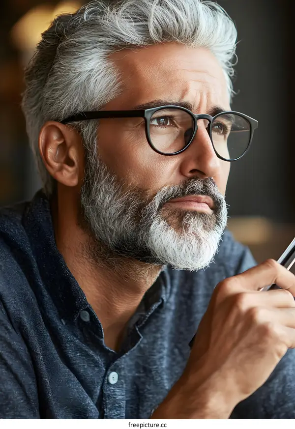 Portrait of a Thoughtful Man With a Grey Beard and Glasses
