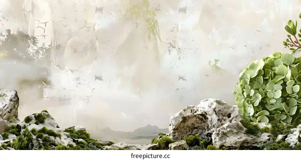 Grunge Textured Background with Green Plant and Rocks
