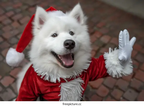 Cute Samoyed Dog Wearing Santa Hat and Waving Paw